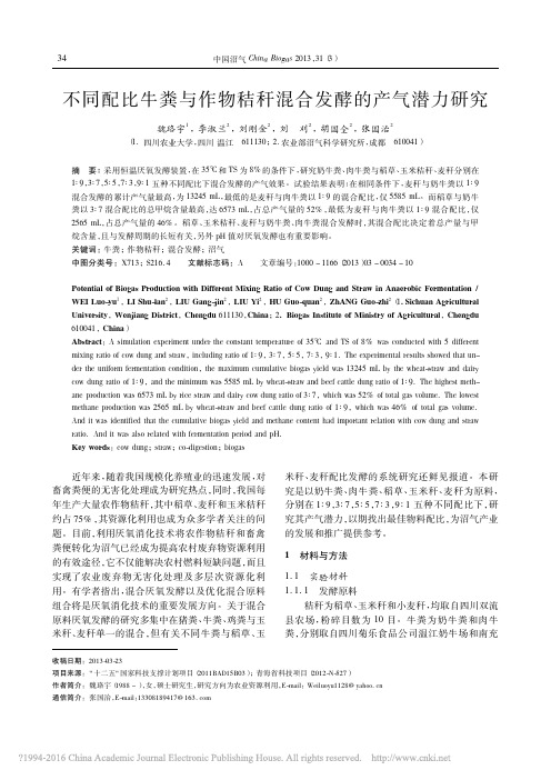 不同配比牛粪与作物秸秆混合发酵的产气潜力研究_魏珞宇