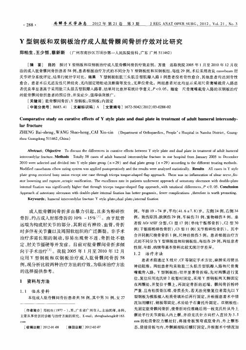 Y型钢板和双钢板治疗成人肱骨髁间骨折疗效对比研究