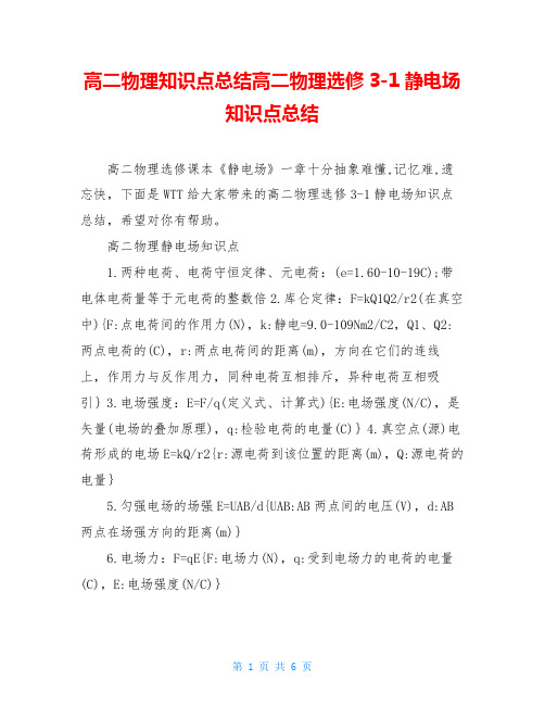 高二物理知识点总结高二物理选修3-1静电场知识点总结