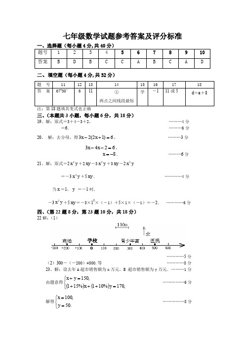 七年级数学试题参考答案及评分标准