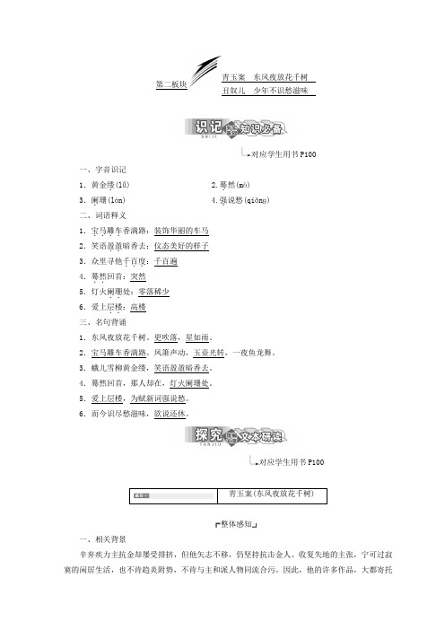 2018高中语文苏教版选修唐诗宋词选读教学案：专题十二 第二板块 青玉案(东风夜放花千树) Word版含答案