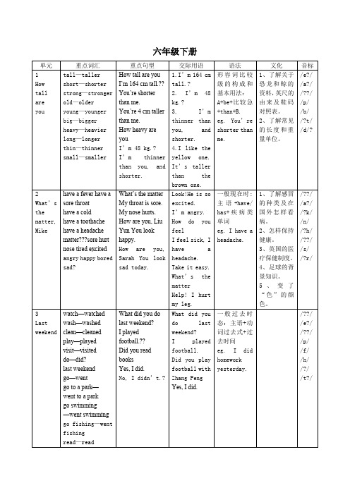 PEP英语六年级下册教学大纲