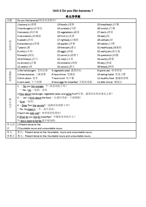 人教版七年级上册英语Unit6 Do you like bananas导学案(英语教案)