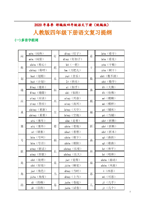 四年级下学期语文复习提纲(带答案)