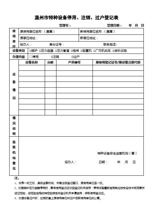 特种行业设备停用注销登记表