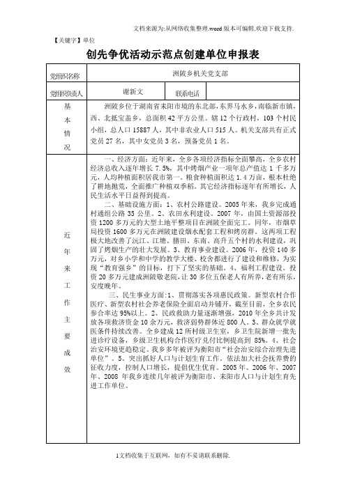 【单位】洲陂乡创先争优活动示范点创建单位申报表