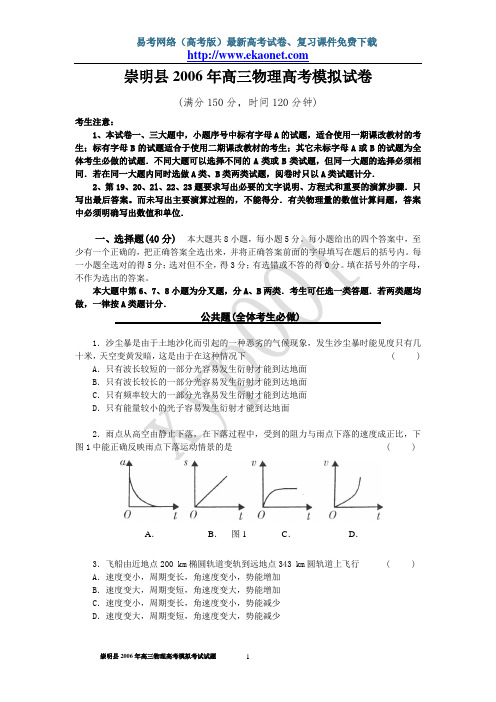 崇明县2006年高三物理高考模拟试卷