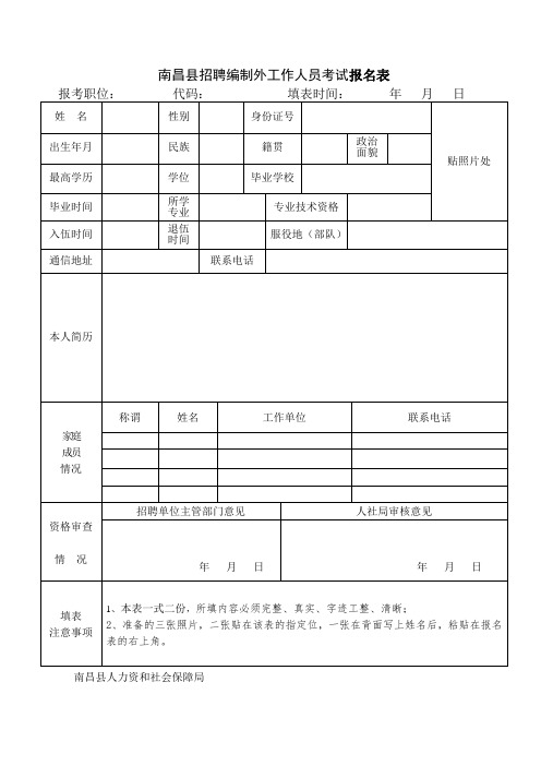 南昌县招聘编制外工作人员考试报名表