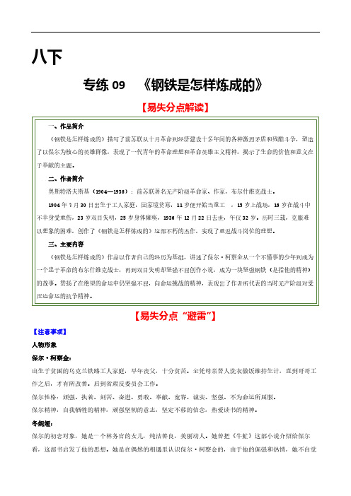 2021年中考语文名著导读专练-- 八下《钢铁是怎样炼成的》