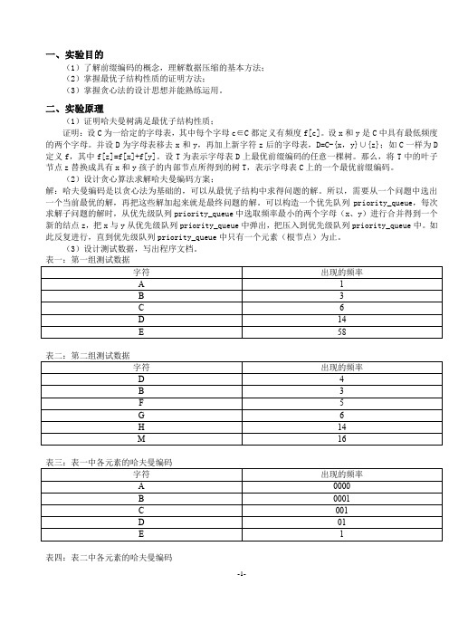 哈弗曼树编码实验报告