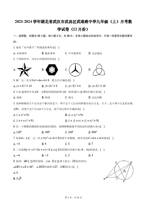 2023-2024学年湖北省武汉市武昌区武珞路中学九年级(上)月考数学试卷(12月份)(含解析)