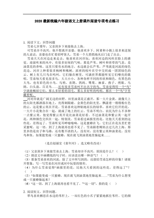 2020最新统编六年级语文上册课外阅读专项考点练习-含答案