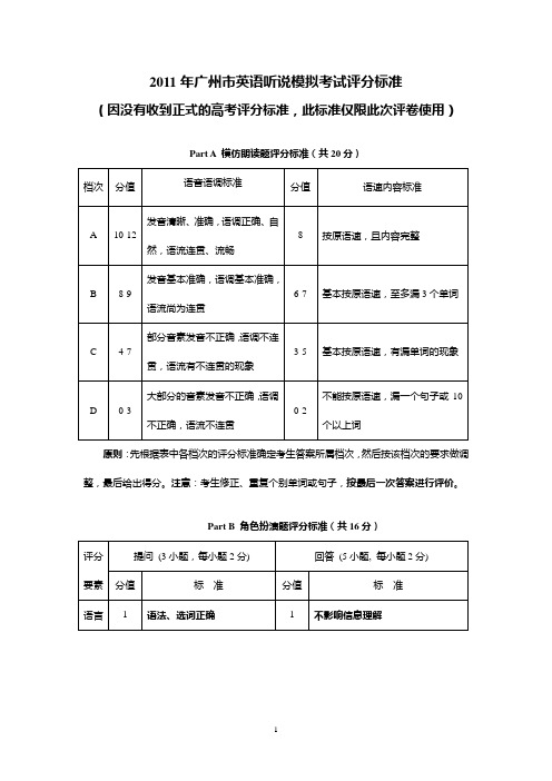 2011广州市听说模拟考试题、答案及评分参考意见