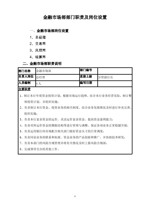 农村商业银行金融市场部部门岗位职责