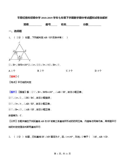 平原经营所初级中学2018-2019学年七年级下学期数学期中考试模拟试卷含解析