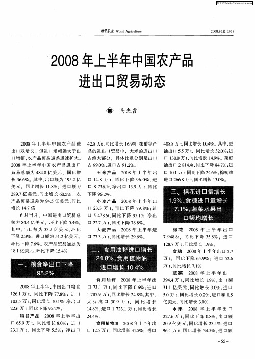 2008年上半年中国农产品进出口贸易动态