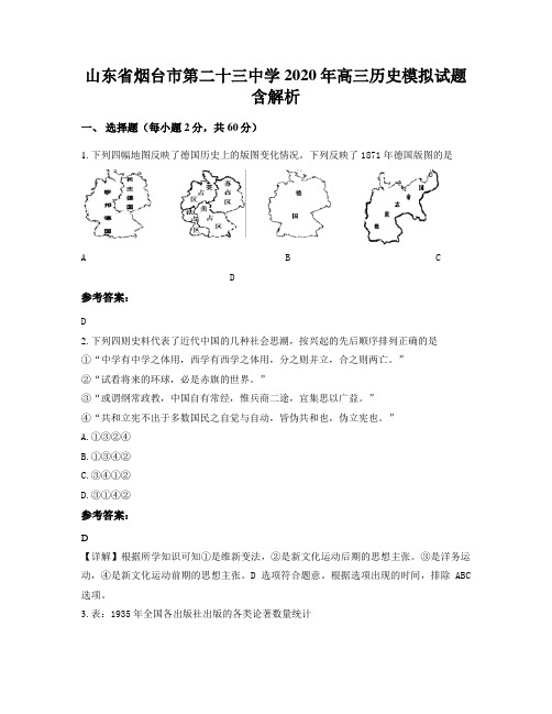 山东省烟台市第二十三中学2020年高三历史模拟试题含解析