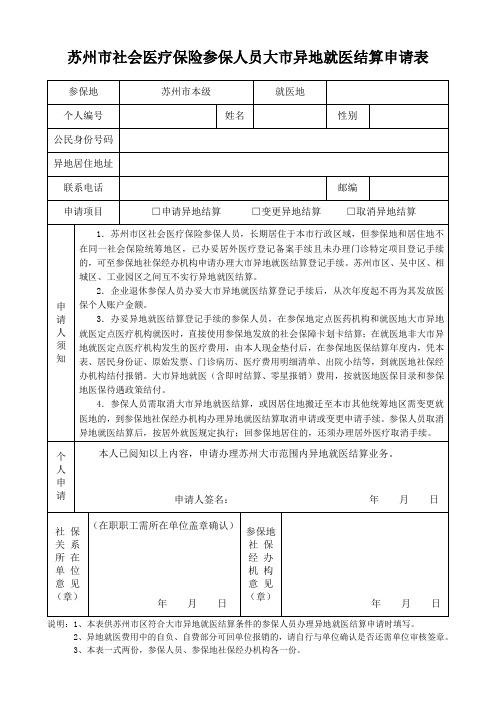 苏州市区社会医疗保险参保人员大市异地就医结算申请表