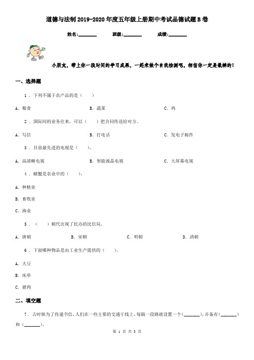 道德与法制2019-2020年度五年级上册期中考试品德试题B卷