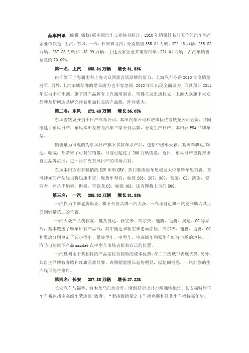 2010轿车销量前五车企排名及分析报告[品车网制作]