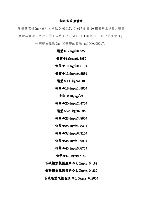 各材料密度表大全(钢筋理论重量)
