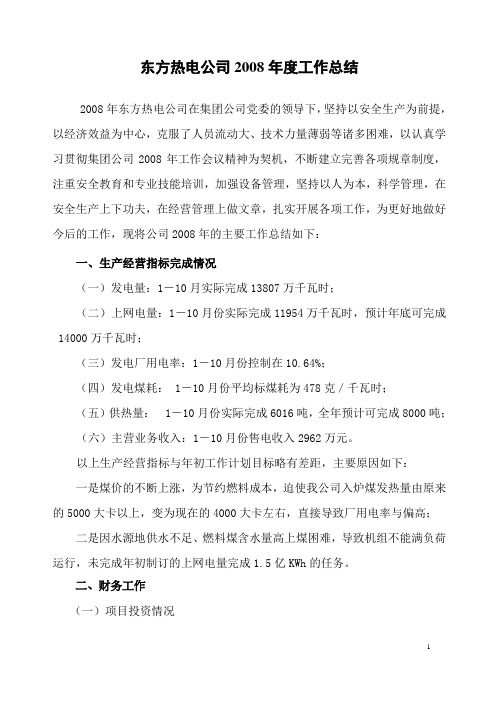东方热电公司2008年度工作总结