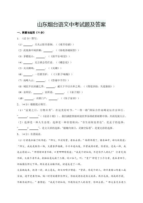 山东烟台语文中考试题及答案