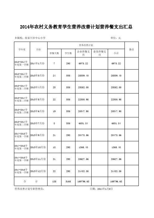 2012年X农村义务教育学生营养改善计划营养餐支出汇总