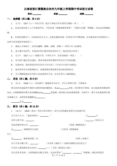 云南省怒江傈僳族自治州九年级上学期期中考试语文试卷