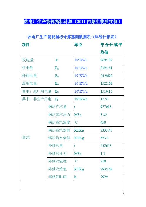 2010年热电厂生产能耗指标计算