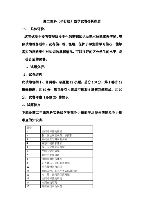 高二理科平行层试卷分析