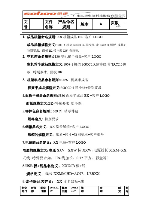 BOM表的命名规则定义