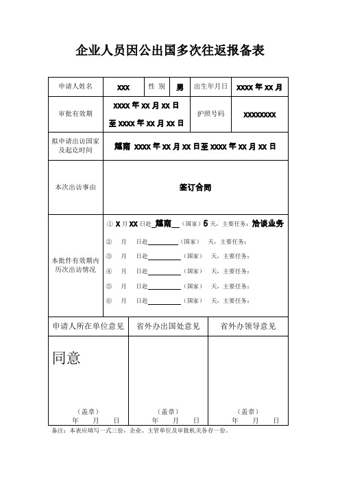 企业人员因公出国多次往返报备表