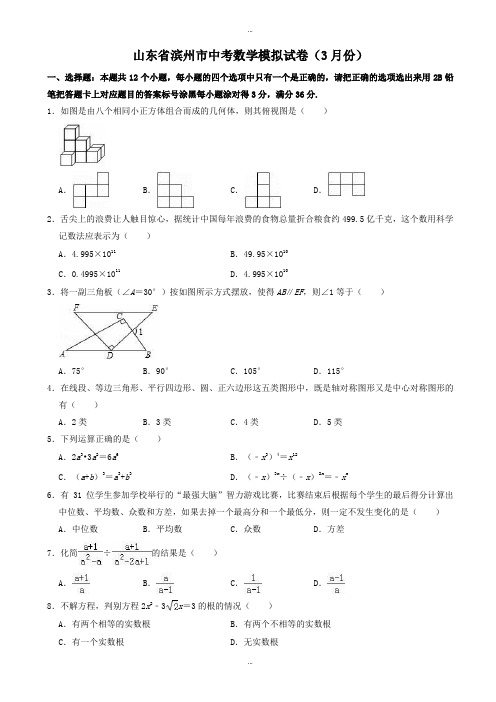 2019-2020学年3月山东省滨州市中考数学模拟试卷((有标准答案))
