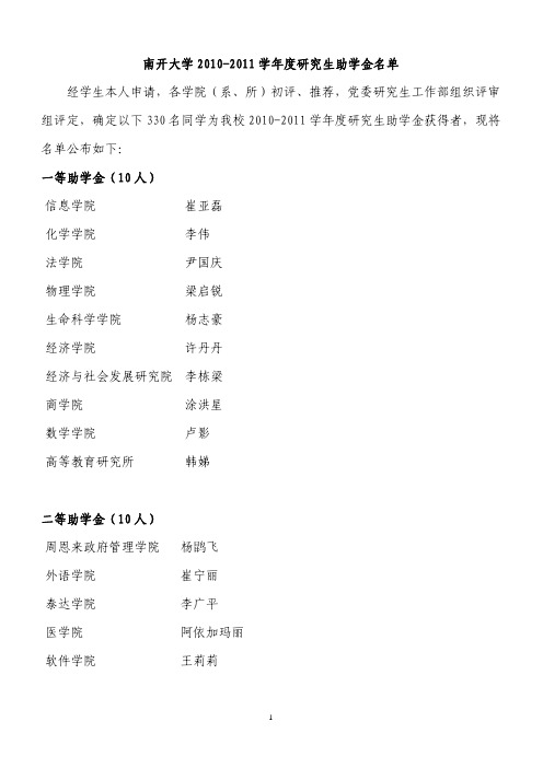 南开大学 2010-2011 学年度研究生助学金名单