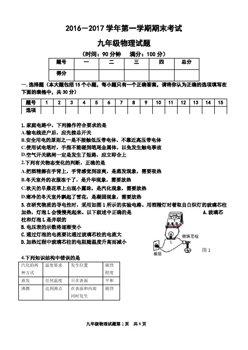 2016—2017学年第一学期期末考试九年级物理试题