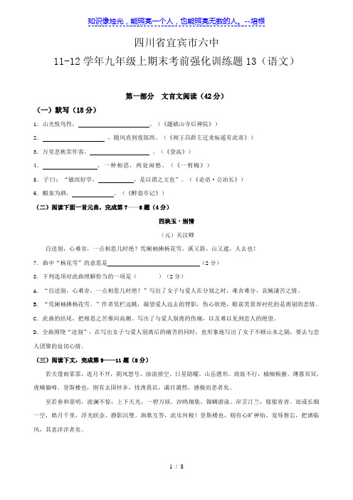 四川省宜宾市六中11-12学年九年级上期末考前强化训练题13(语文)