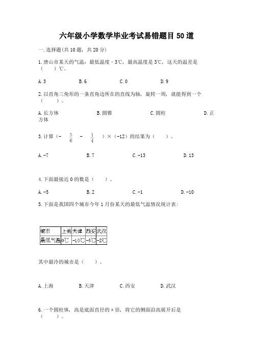 六年级小学数学毕业考试易错题目50道精品【历年真题】