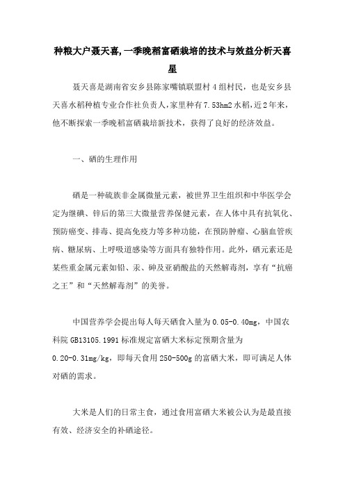 种粮大户聂天喜,一季晚稻富硒栽培的技术与效益分析天喜星