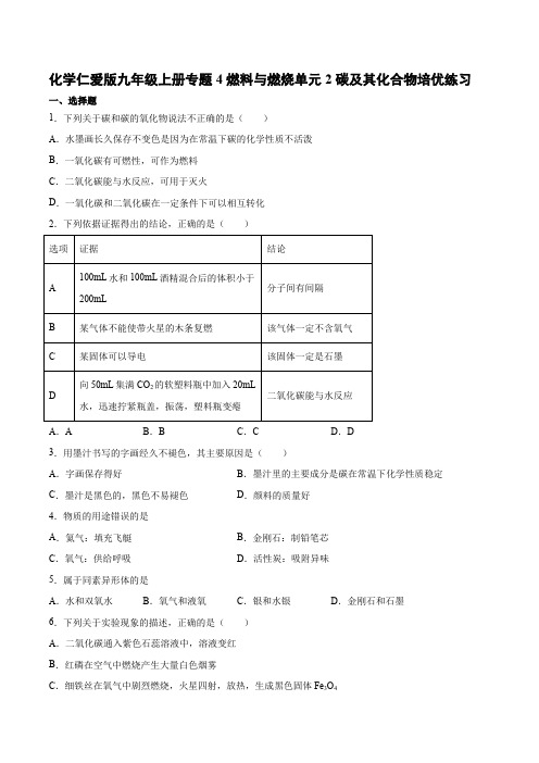 仁爱版九年级化学上册专题4燃料与燃烧 单元2 碳及其化合物 培优练习含答案