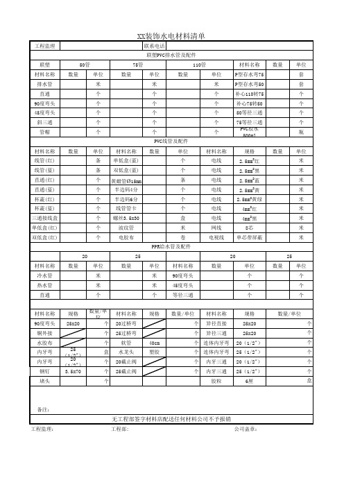 水电材料清单