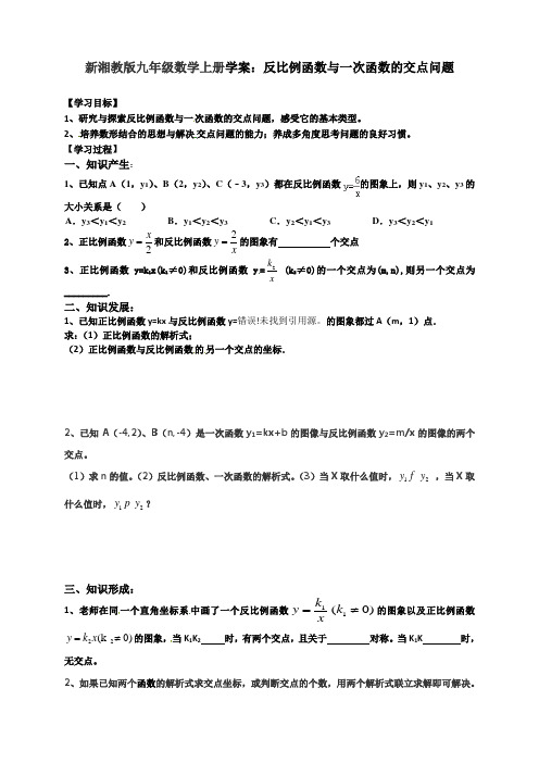 新湘教版九年级数学上册学案：反比例函数与一次函数的交点问题