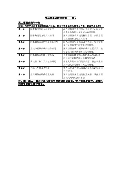 黄浦新王牌寒假补习班高中高二数学杨G老师教学计划