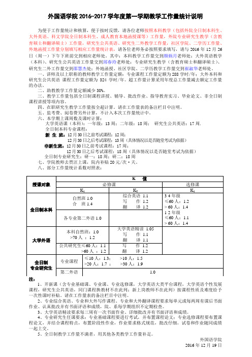 外国语学院2016-2017学年度第一学期教学工作量统计说明