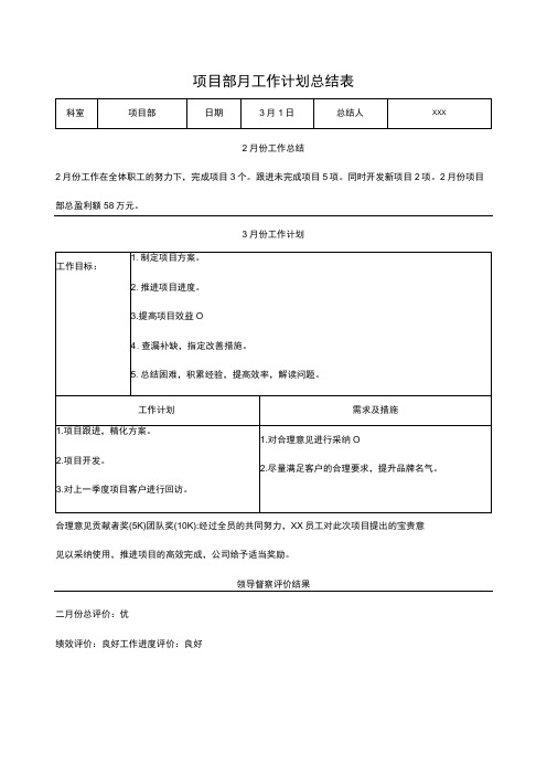 项目部月工作计划总结表