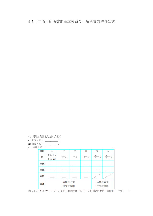高考数学人教A版理科一轮复习教学案：4.2同角三角函数的基本关系及三角函数的诱导公式