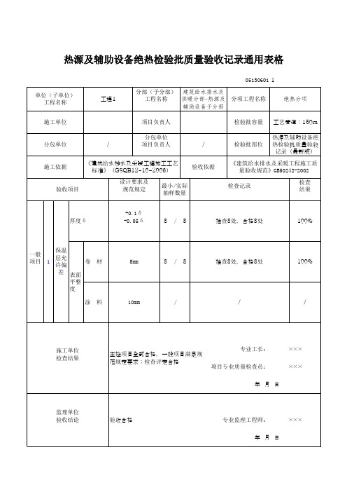 热源及辅助设备绝热检验批质量验收记录通用表格