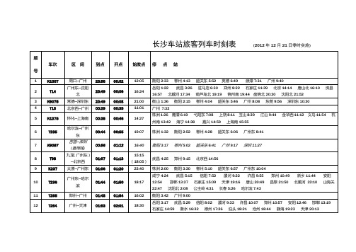 长沙车站旅客列车时刻表