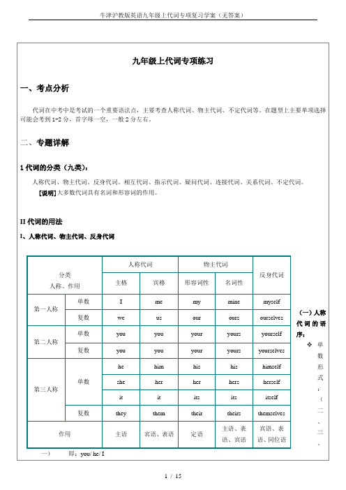 牛津沪教版英语九年级上代词专项复习学案(无答案)