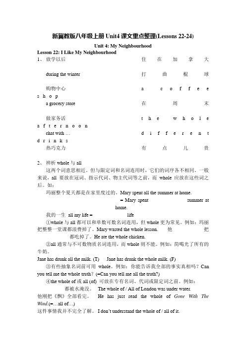 冀教版英语八上Unit 4《My Neighbourhood》(Lesson 22-24)课文重点整理